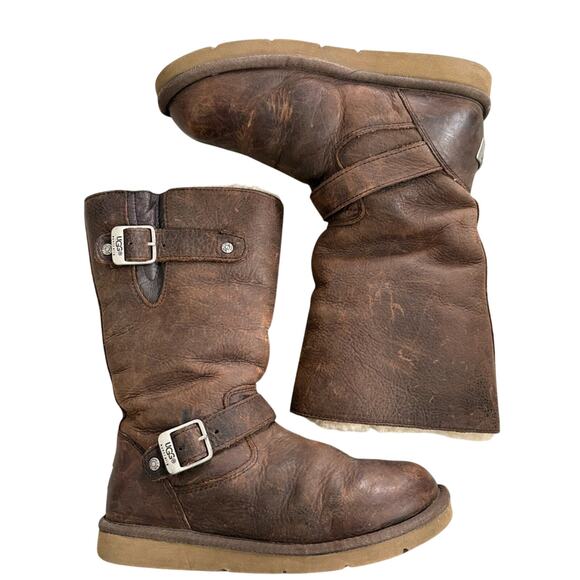 UGG Kensington BrownLeather Buckle Boots Sheepskin lined size 7